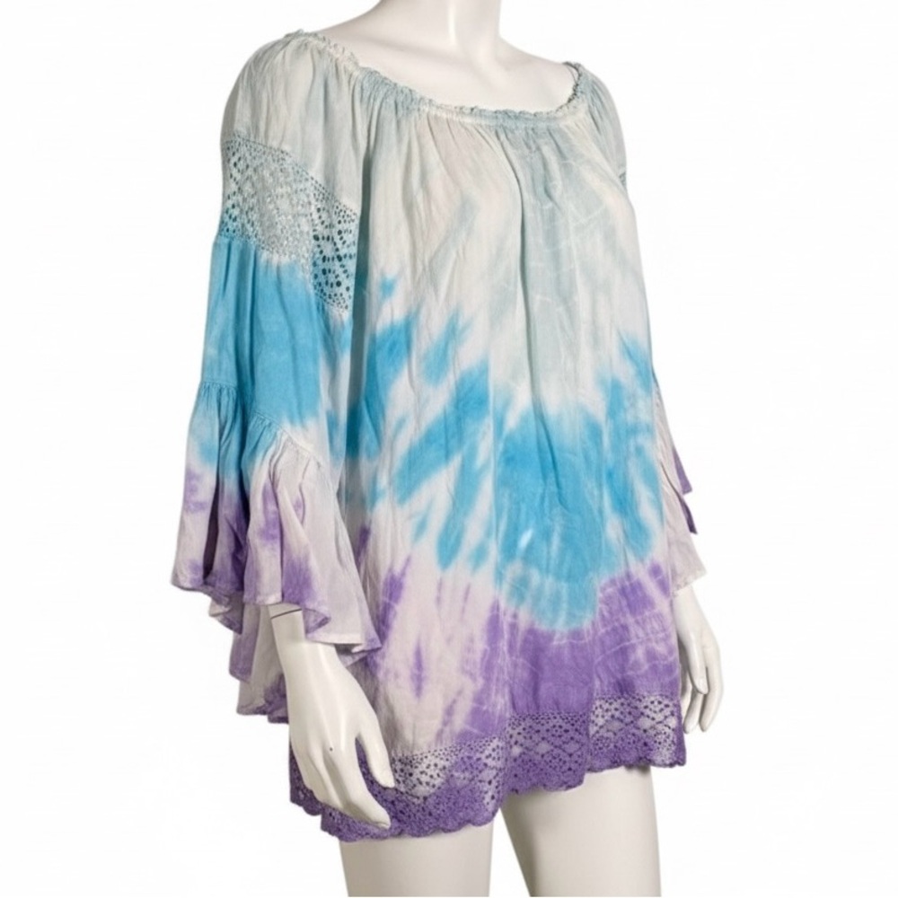 Surf Gypsy Blouse Tie Dye Peasant Bell Sleeve Crochet Trim Boho Hippie Size S